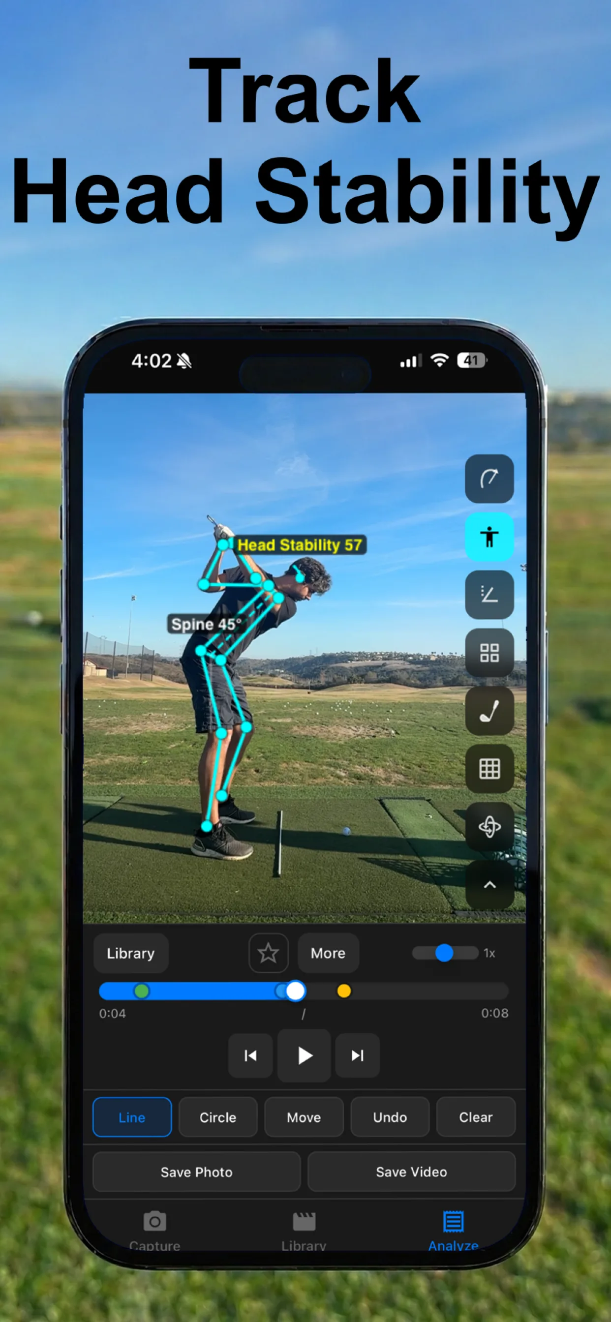 SwingDraw head-stability analysis screen selected as the source media
